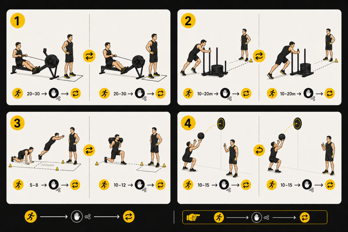 図解：Row、Sled Push、Burpee Broad Jump・Lunges、Wall Ballsを1人作業・1人回復で交代する分担例。