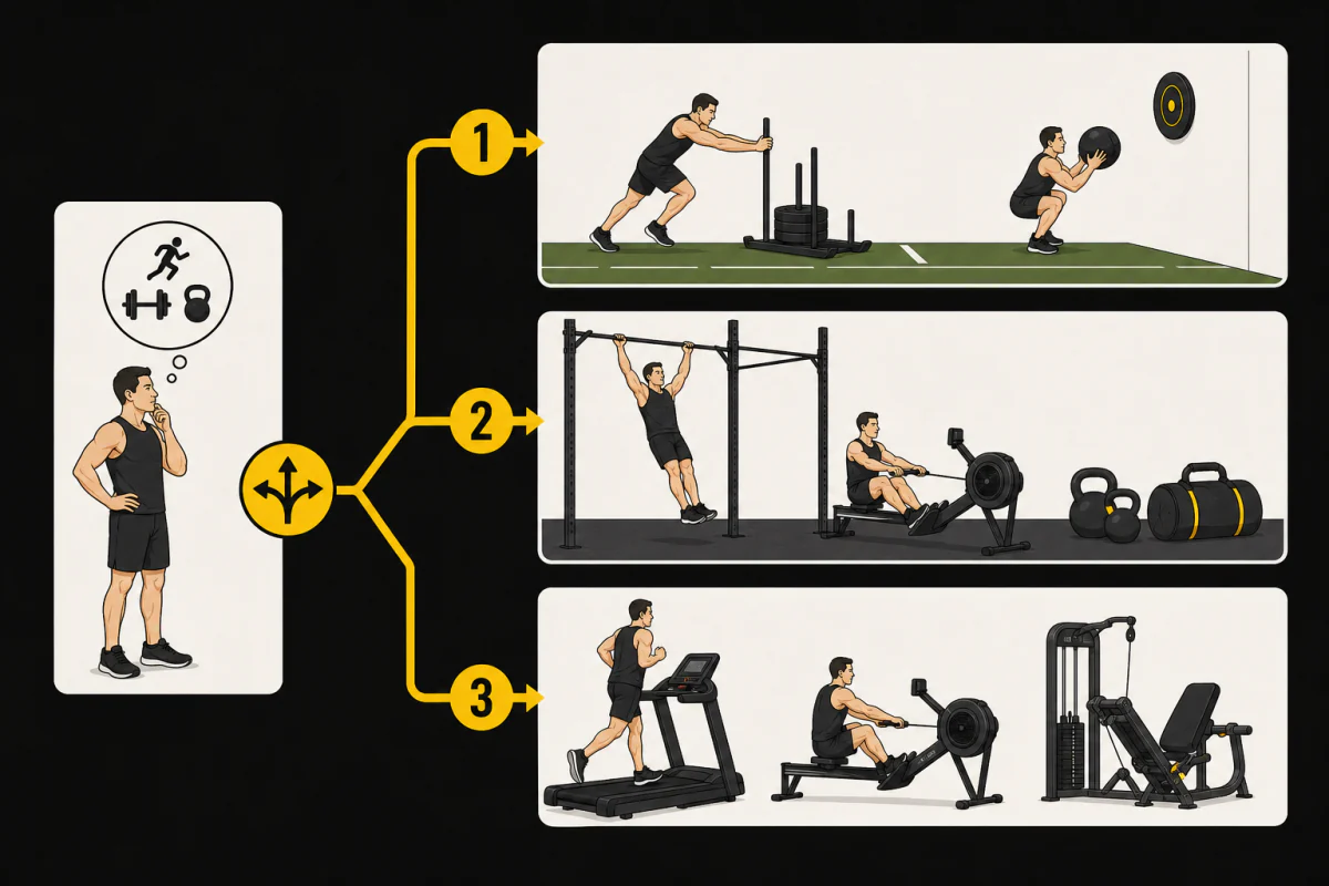図解：目的と設備条件から、機能的フィットネス系、CrossFit系、一般ジム代替の3タイプを選ぶ流れ。