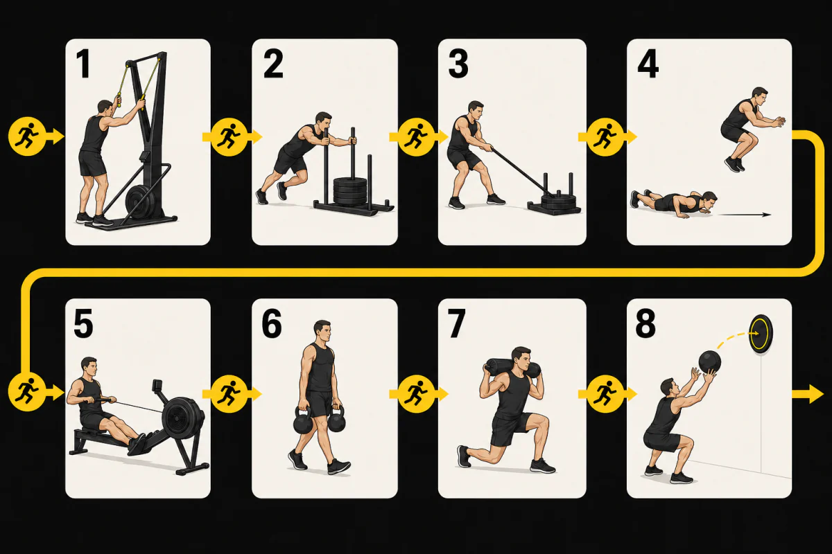 図解：1kmランとSkiErgからWall Ballsまでの8種目を交互に行う、HYROXの正しい競技順。