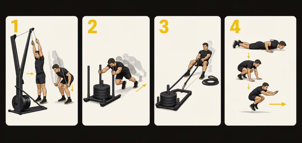図解：SkiErg、Sled Push、Sled Pull、Burpee Broad Jumpの基準フォームと力の向き。