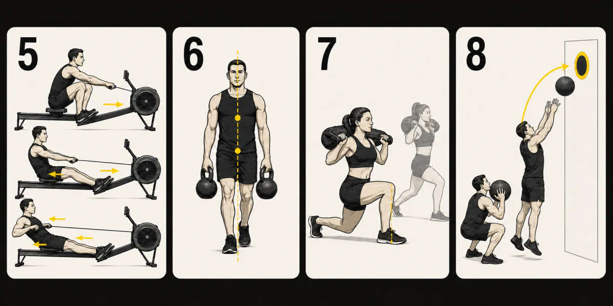 図解：Row、Farmers Carry、Sandbag Lunges、Wall Ballsの基準フォームと動作順。
